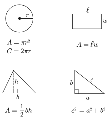 Reference sheet: circle and rectangle area, triangle area, Pythagorean theorem