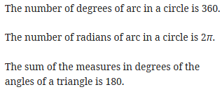 Reference sheet: 360 degrees and 2 pi radians in a circle, 180 degree triangle angle sum